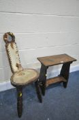 AN OAK TRESTLE STOOL, width 51cm x depth 25cm x height 53cm, and an oak spinning stool (condition:-