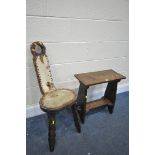 AN OAK TRESTLE STOOL, width 51cm x depth 25cm x height 53cm, and an oak spinning stool (condition:-