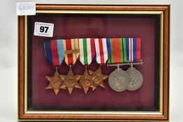 A SET OF SIX WORLD WAR II FRAMED MEDALS, including 'The 1939 - 1945 star', 'The Africa Star', 'The