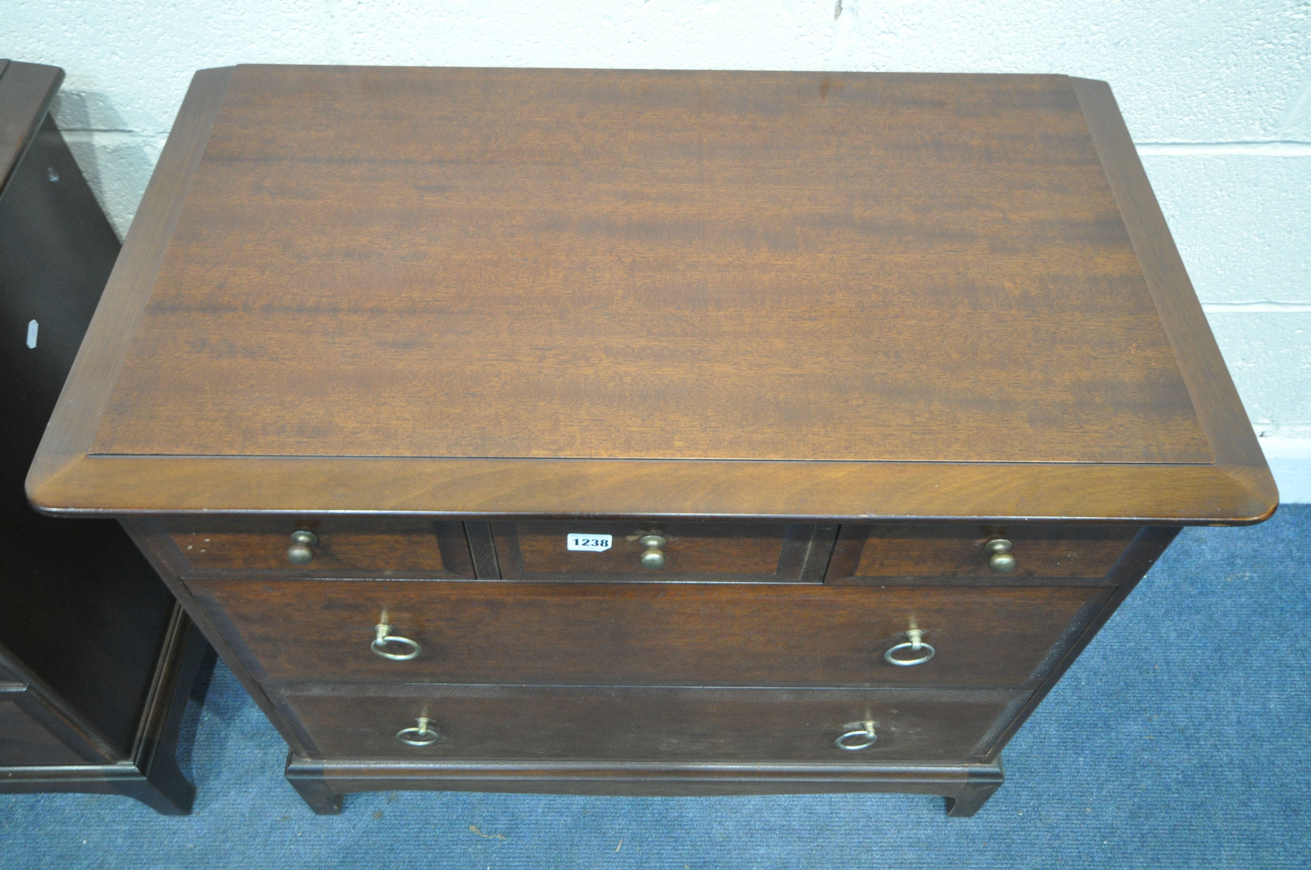 TWO STAG MINSTREL MAHOGANY LOW CHEST OF THREE SHORT OVER TWO LONG DRAWERS, width 82cm x depth 47cm x - Image 2 of 4