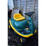 A YARD-MAN YELLOW AND GREEN PETROL RIDE ON LAWNMOWER (condition:-scratched paintwork, been