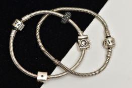 TWO PANDORA CHARM BRACELETS, each snake bracelet is fitted with a hinged barrel clasp signed '