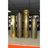 THREE PIECES OF WW1 TRENCH ART AND A PLAIN SHELL CASE, comprising a vase with rim cut into petals,