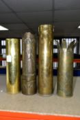 THREE PIECES OF WW1 TRENCH ART AND A PLAIN SHELL CASE, comprising a vase with rim cut into petals,