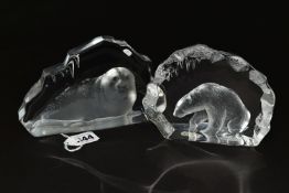 TWO MATS JONASSON CRYSTAL SCULPTURES, heavily relief moulded, one depicting a seal, the other a
