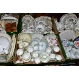 SIX BOXES OF ASSORTED TEA AND DINNER WARES ETC, to include Mayfair China 'Indian Tree' part dinner