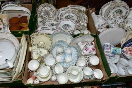 SIX BOXES OF ASSORTED TEA AND DINNER WARES ETC, to include Mayfair China 'Indian Tree' part dinner
