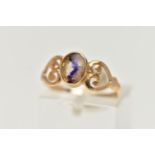 A 9CT GOLD BLUE JOHN FLUORITE RING, designed with an oval blue john fluorite cabochon, collet set,