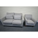 A TWO PIECE GREY UPHOSTERED LOUNGE SUITE, comprising a sofa and armchair (condition:-good