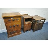 AN EARLY 20TH CENTURY OAK CHEST OF THREE DRAWERS, width 56cm x depth 43cm x height 82cm, an oak side