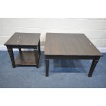 A LARGE MODERN MAHOGANY COFFEE TABLE, with a single drawer to two opposing sides, 90cm squared x