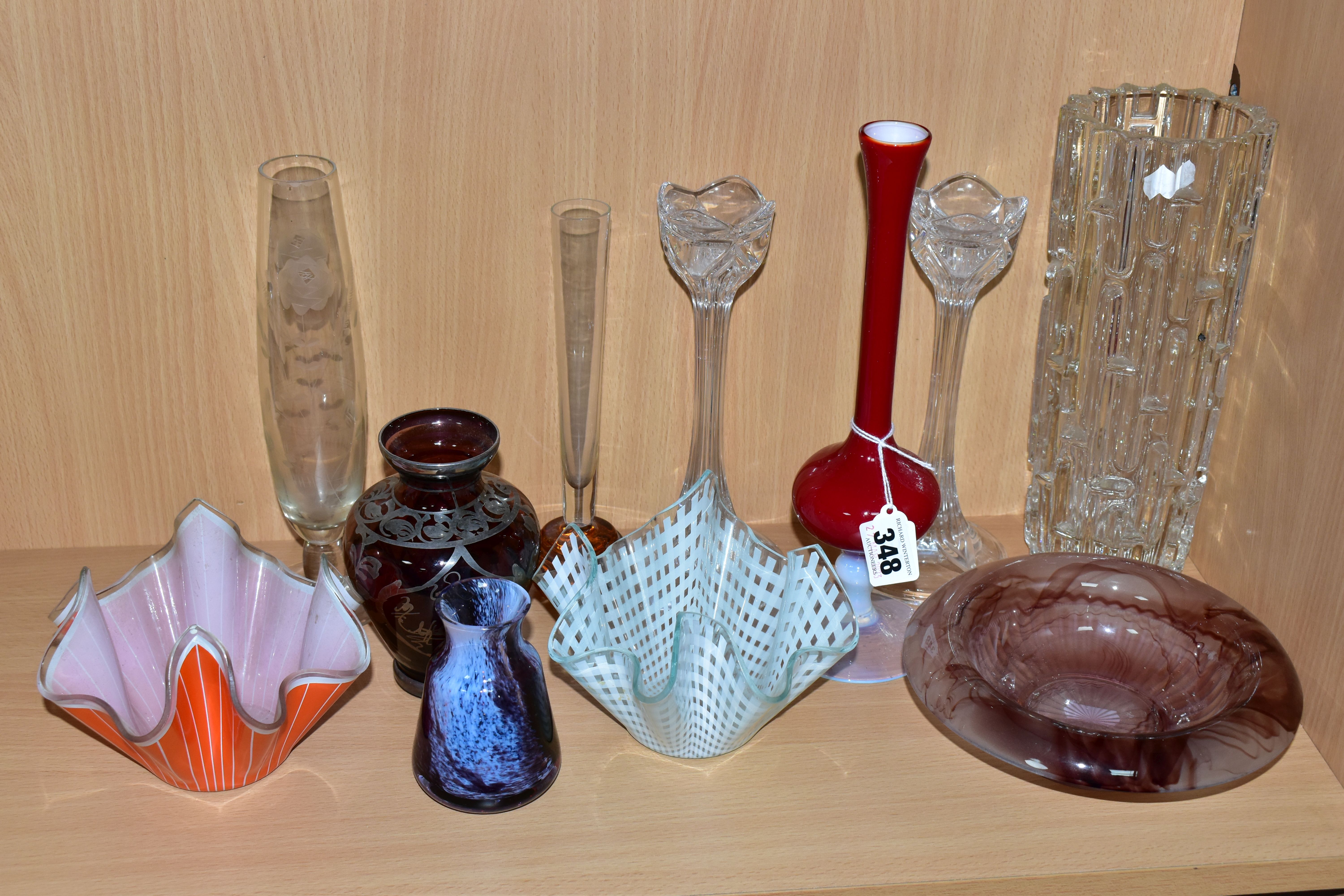 A GROUP OF GLASS WARES, to include a Hermanova glassworks clear maze vase no 20082, designed by