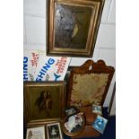 A SMALL QUANTITY OF PAINTINGS AND PRINTS ETC, to include two unsigned early 20th Century oils on