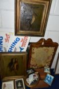 A SMALL QUANTITY OF PAINTINGS AND PRINTS ETC, to include two unsigned early 20th Century oils on