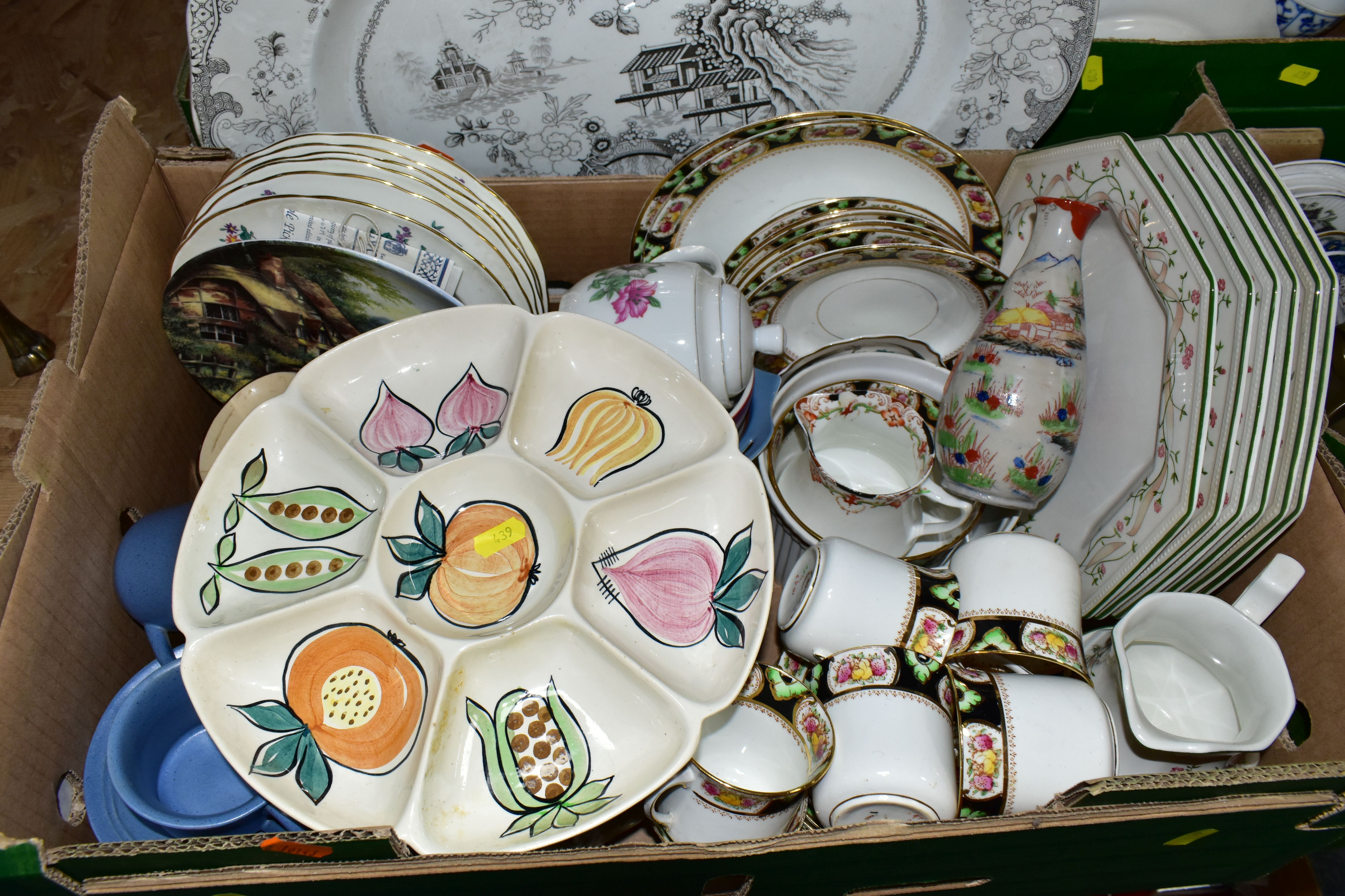 FIVE BOXES OF CERAMICS, to include a large black and white Royal Doulton 'Willow' pattern meat - Image 3 of 8