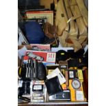 FOUR BOXES CONTAINING VINTAGE PHOTOGRAPHY EQUIPMENT including a Sei Exposure Photometer in box, a