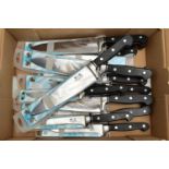 A BOX OF NEW AND PACKAGED KITCHEN KNIVES, twelve in total, to include five 8 chefs knives, two 6