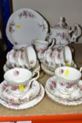 A ROYAL ALBERT 'LAVENDER ROSE' PATTERN TEA SET, comprising two fruit dishes (marked as second