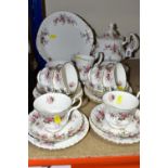 A ROYAL ALBERT 'LAVENDER ROSE' PATTERN TEA SET, comprising two fruit dishes (marked as second