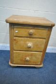 A VICTORIAN AND LATER PINE CHEST OF THREE DRAWERS, width 58cm x depth 52cm x height 75cm (