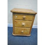 A VICTORIAN AND LATER PINE CHEST OF THREE DRAWERS, width 58cm x depth 52cm x height 75cm (