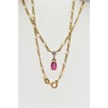 A 9CT GOLD RUBY AND DIAMOND PENDANT NECKLACE, designed with a claw set, oval cut ruby, suspended