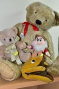 A 2OTH CENTURY BEAR AND OTHER SOFT TOYS, comprising a large blonde mohair bear, jointed limbs and