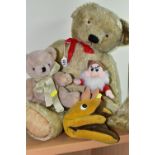 A 2OTH CENTURY BEAR AND OTHER SOFT TOYS, comprising a large blonde mohair bear, jointed limbs and