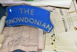 A TRAIN NAMEPLATE 'THE SNOWDONIAN' probable reproduction, restored, 32 x 12.5 and a box of Railway