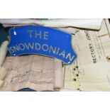 A TRAIN NAMEPLATE 'THE SNOWDONIAN' probable reproduction, restored, 32 x 12.5 and a box of Railway