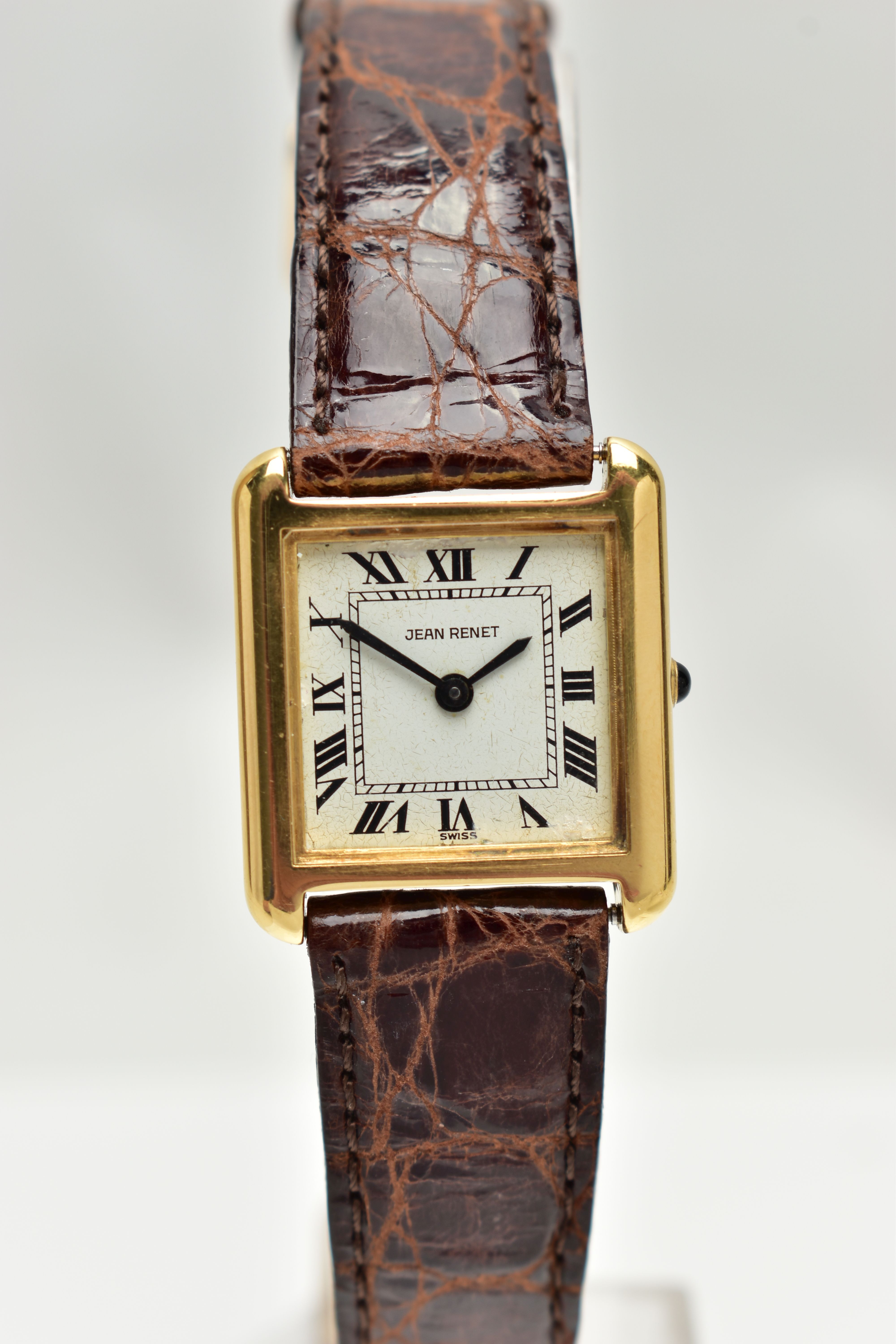 A LADIES 18CT GOLD 'JEAN RENET' WRISTWATCH, hand wound movement, square dial, signed 'Jean Renet',