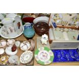 ONE BOX OF CHINA TEAWARES, TWO BOXED SETS OF STUART CRYSTAL GLASSES AND A BREXTON LUXURY PICNIC SET,
