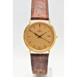 A GENTS 18CT GOLD 'OMEGA' QUARTZ WRISTWATCH, round gold dial signed 'Omega', baton markers, date