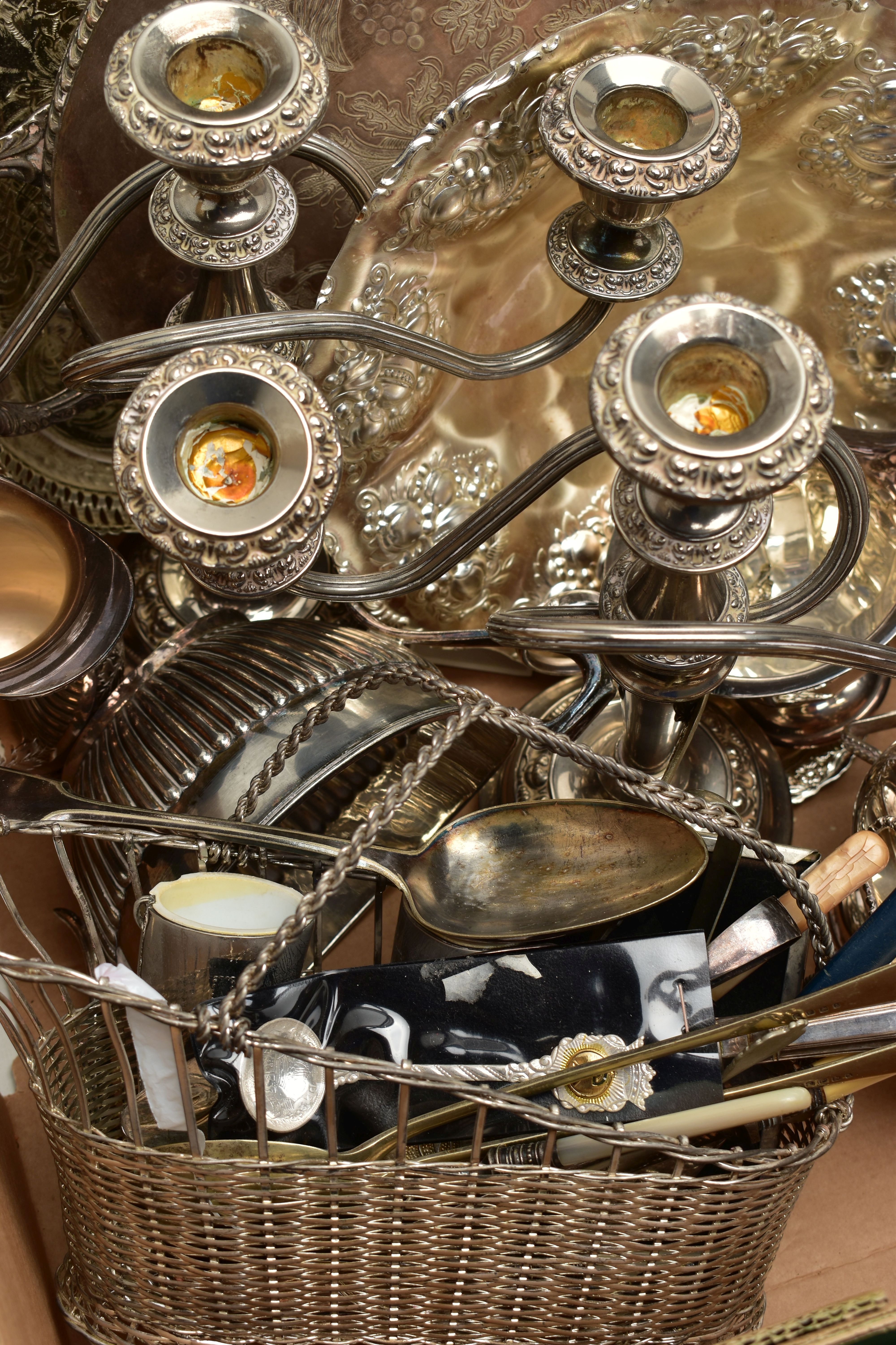 A BOX OF ASSORTED WHITE METAL WARE, to include two trays, a pair of candelabras, a sugar caster, a - Image 5 of 5