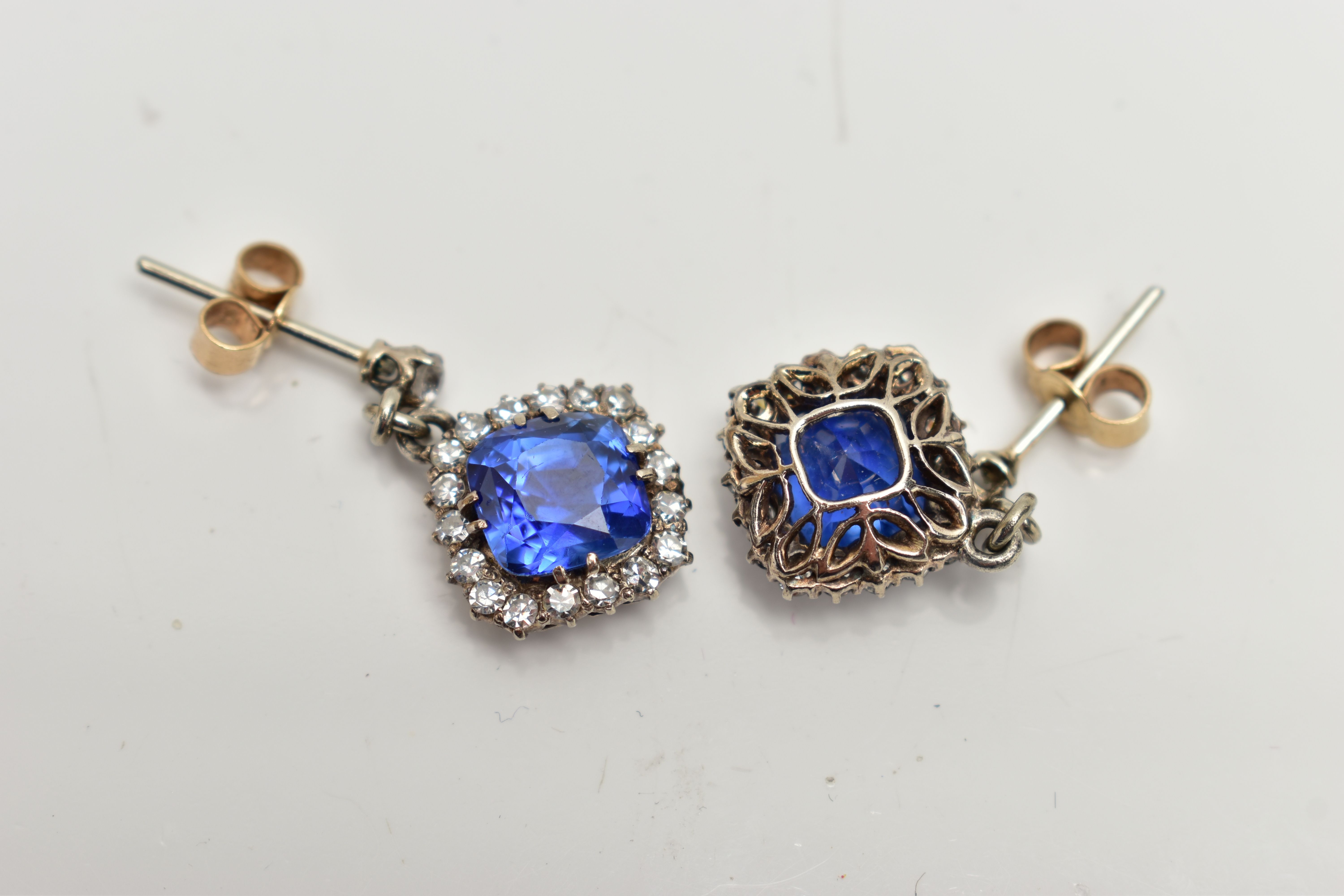 A PAIR OF EARLY 20TH CENTURY SAPPHIRE AND DIAMOND EARRINGS, each earring set with a cushion cut - Image 9 of 11