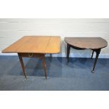 A GEORGIAN MAHOGANY AND CROSSBANDED PEMBROKE TABLE, with drop leaves, two drawers, on square tapered