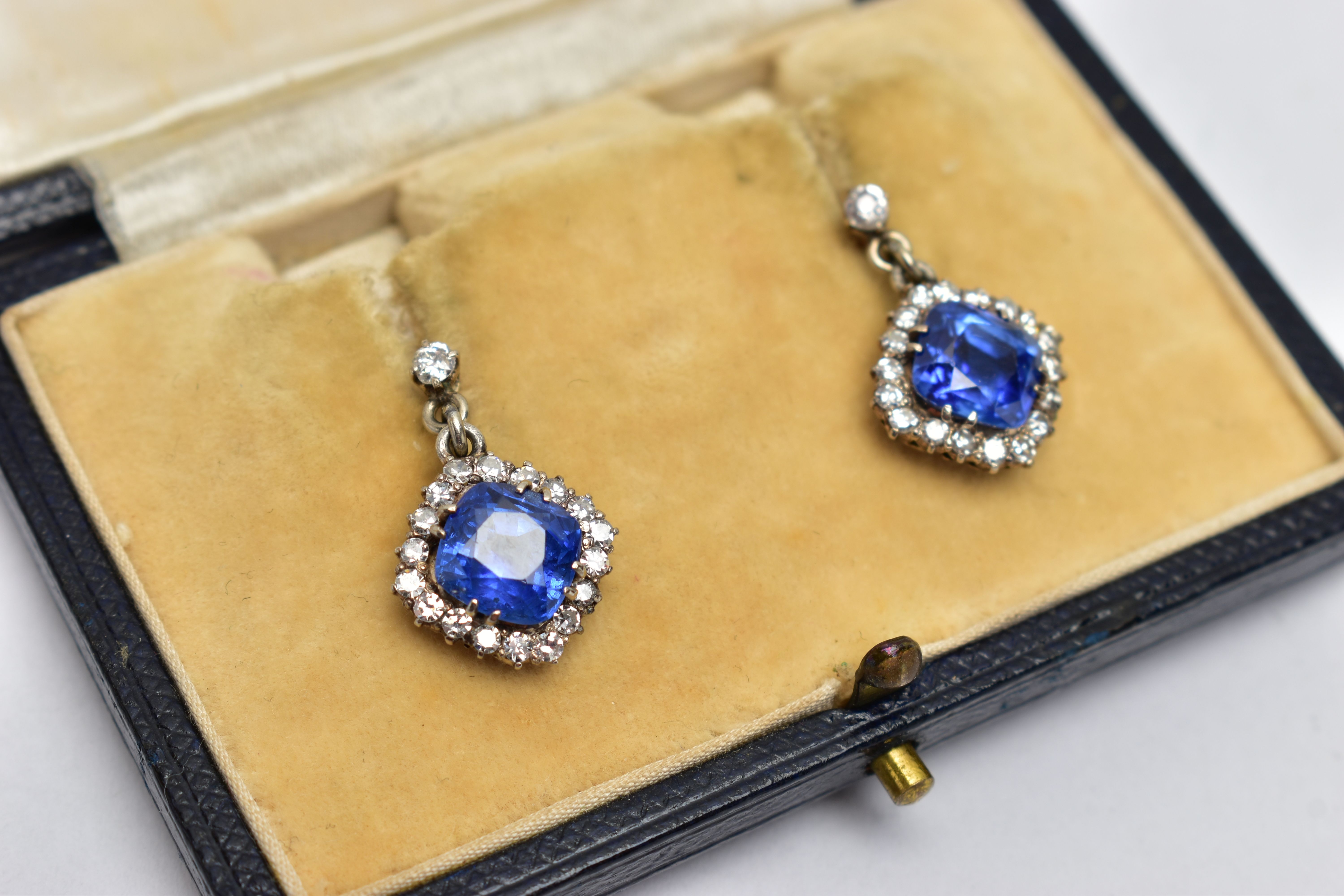 A PAIR OF EARLY 20TH CENTURY SAPPHIRE AND DIAMOND EARRINGS, each earring set with a cushion cut - Image 2 of 11