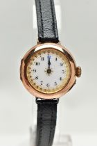 A EARLY 20TH CENTURY 9CT GOLD WRISTWATCH, hand wound movement, round dial, Arabic numerals, polished