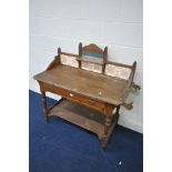A LATE VICTORIAN PINE WASHSTAND, the raised back with tiles and a single mirror, and a single frieze
