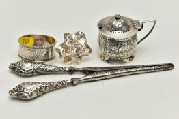 FOUR SMALL PIECES OF SILVER, comprising a late Victorian mustard with floral repoussé decoration and