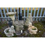 A SELECTION OF WEATHERED COMPOSITE GARDEN ORGAMENTS, to include a tulip shaped urn, figural owl,