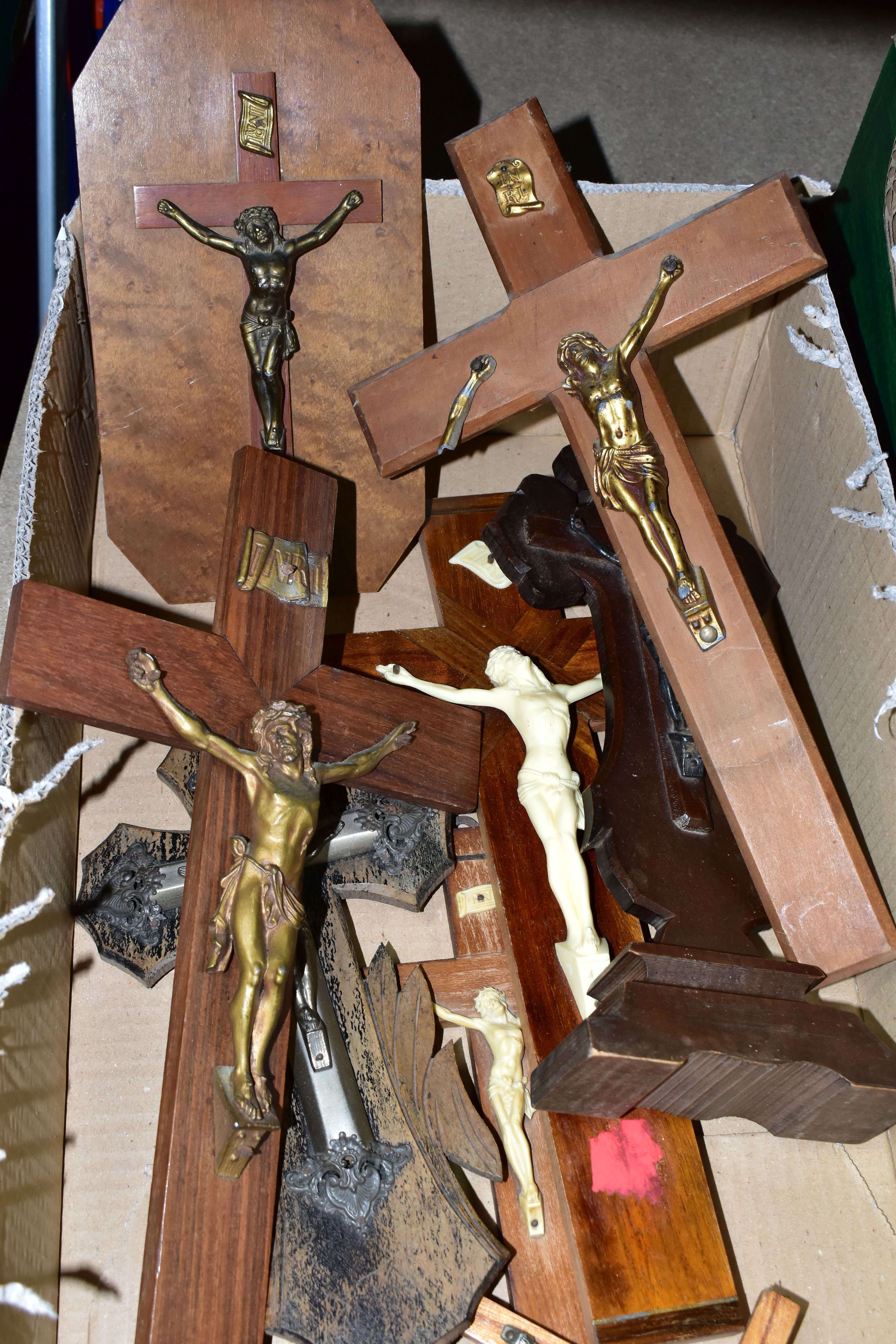 A BOX OF EIGHT CRUCIFIXES, to include two freestanding examples, one mounted to an octagonal - Image 2 of 3