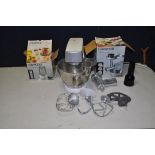 A KENWOOD CHEF CLASSIC FOOD PROCESSOR with four paddles, a boxed mincer and a boxed glass multi mill