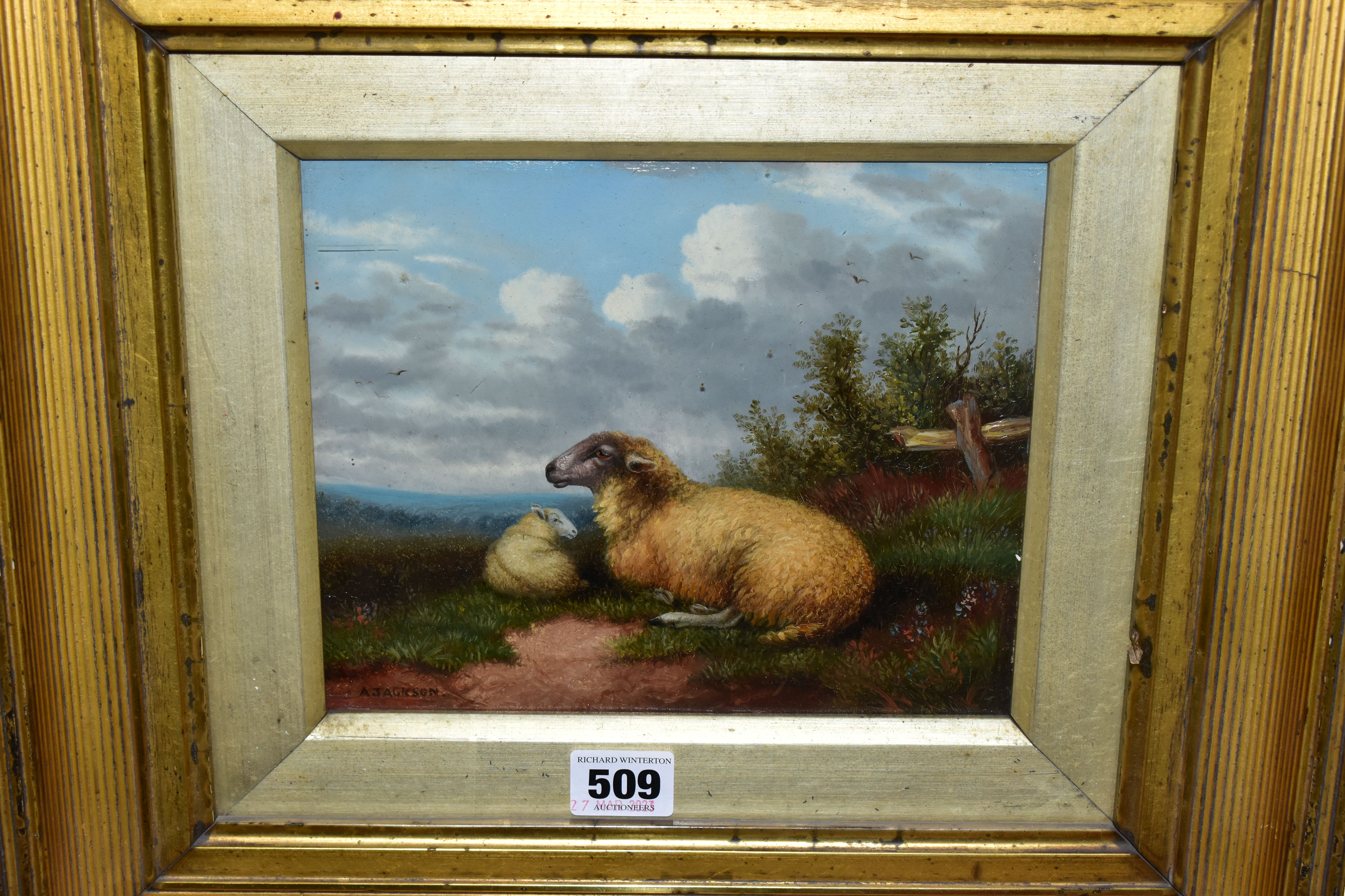 A. JACKSON (19TH/20TH CENTURY) ENGLISH SCHOOL PASTORAL SCENE, a ewe and her lamb resting in a - Image 2 of 4