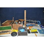 TWO TUBS OF TOOLS to include drill bits, vintage hand drills, chisels, hammer, mitre saw, etc