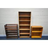 A TALL TEAK OPEN BOOKCASE, width 71cm x depth 25cm x height 171cm, a teak open bookcase, width