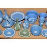 TWENTY PIECES OF WEDGWOOD JASPERWARES, mainly pale blue, with two pieces of sage green, to include