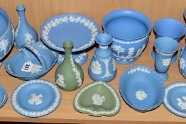 TWENTY PIECES OF WEDGWOOD JASPERWARES, mainly pale blue, with two pieces of sage green, to include