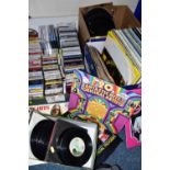 FOUR BOXES CONTAINING OVER EIGHTY LPs AND 78s, FIFTY SINGLES AND ONE HUNDRED CASSETTE TAPES AND