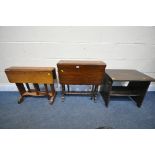AN EARLY 20TH CENTURY OAK SUTHERLAND TABLE, a small oak drop leaf table, and an oak occasional table